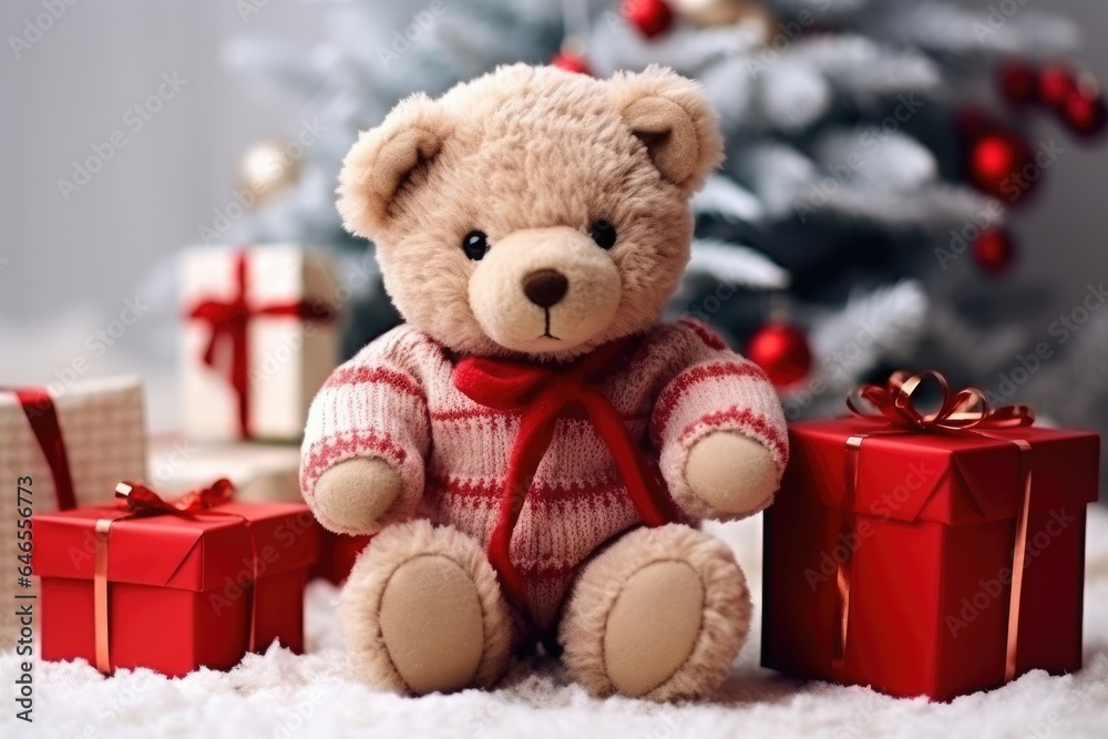 cute baby teddy bear with christmas gift boxes on blurred xmas tree background, free text space