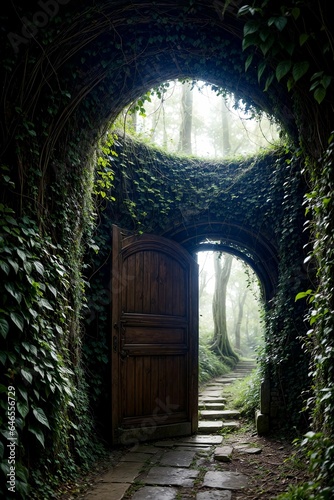 3d rendering of a fantasy doorway portal framed by green vines leading into a idyllic garden. Generative AI