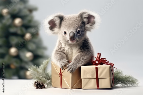 cute baby Koala bear with christmas gift boxes on white background
