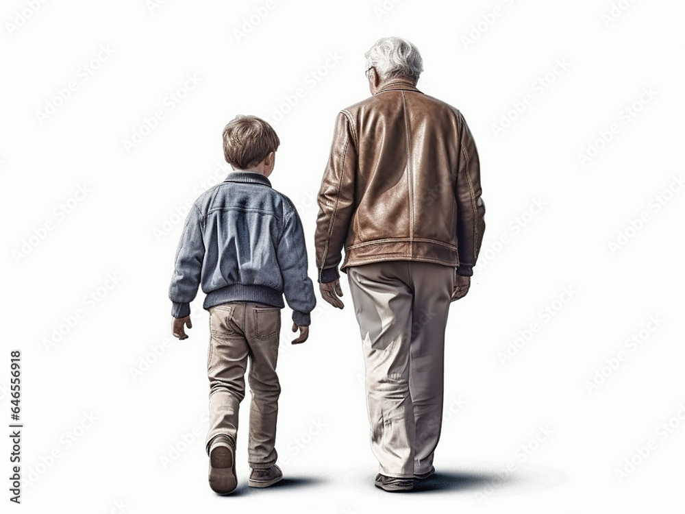 Grandfather and grandson together, viewed from the back and on an isolated white background. Generative AI Grandfather and grandson together, viewed from the back and on an isolated white background. Generative AI
