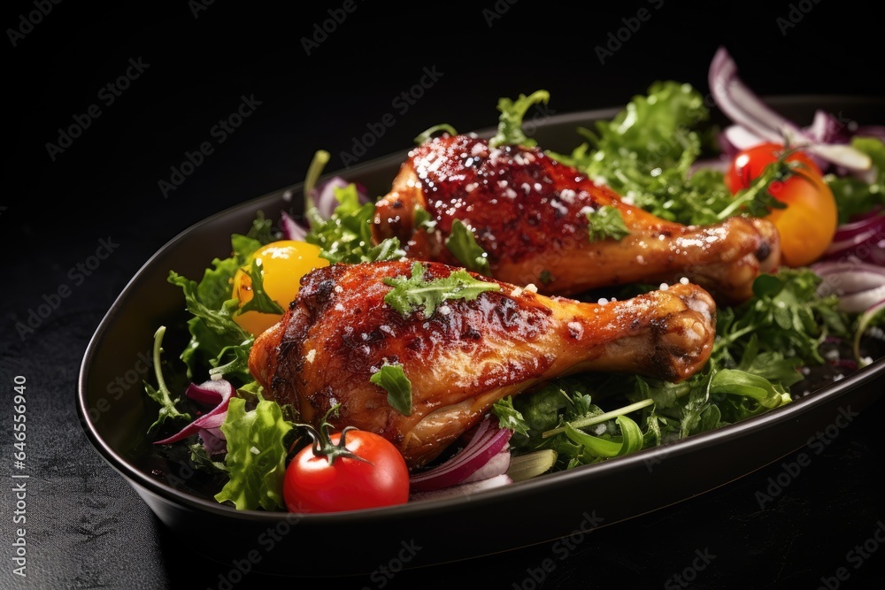 Glazed chicken legs served with vibrant greens and cherry tomatoes on a black slate plate.