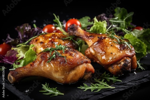 Glazed chicken legs served with vibrant greens and cherry tomatoes on a black slate plate.