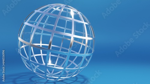 Frame globe symbol made of metal on a blue background. 3d illustration