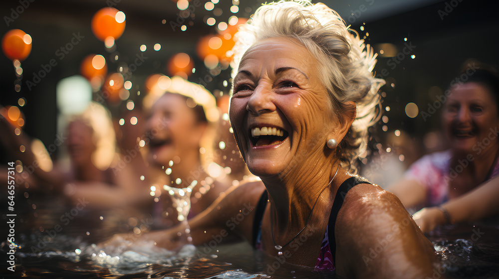 Aktive lebensfrohe Seniorinnen beim Aqua-Fitness im Pool: Freude und Kameradschaft symbolisieren einen gesunden, aktiven Ruhestand