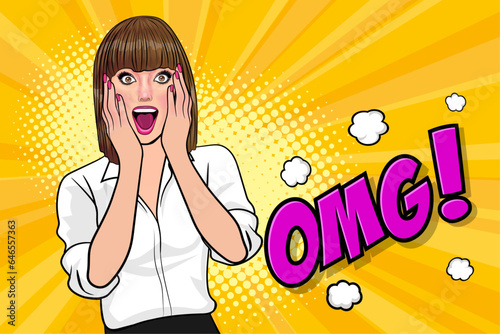 surprise short hair woman OMG looking wow covered mouth or hands up In Retro Vintage Pop Art Comic Style