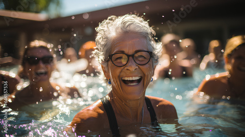 Aktive lebensfrohe Seniorinnen beim Aqua-Fitness im Pool: Freude und Kameradschaft symbolisieren einen gesunden, aktiven Ruhestand