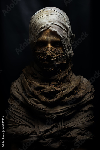 horror witch, fashion girl in dusty fabrics hood, mummy style