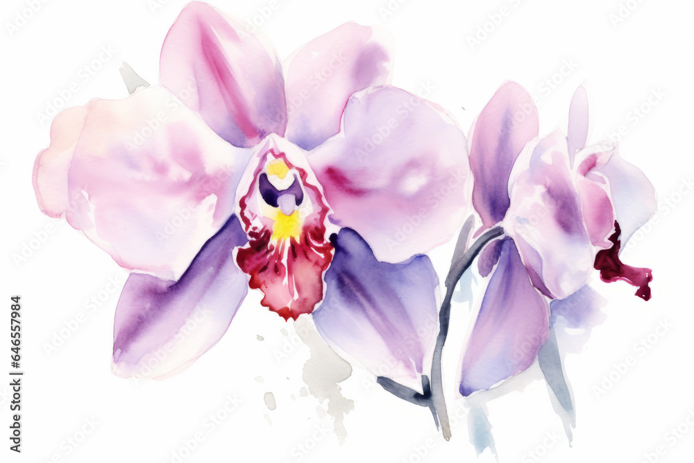Fototapeta premium Watercolor Orchid beautiful bouquet on white background. Illustration blooming orchid flowers. Beautiful floral interior wall painting design illustration