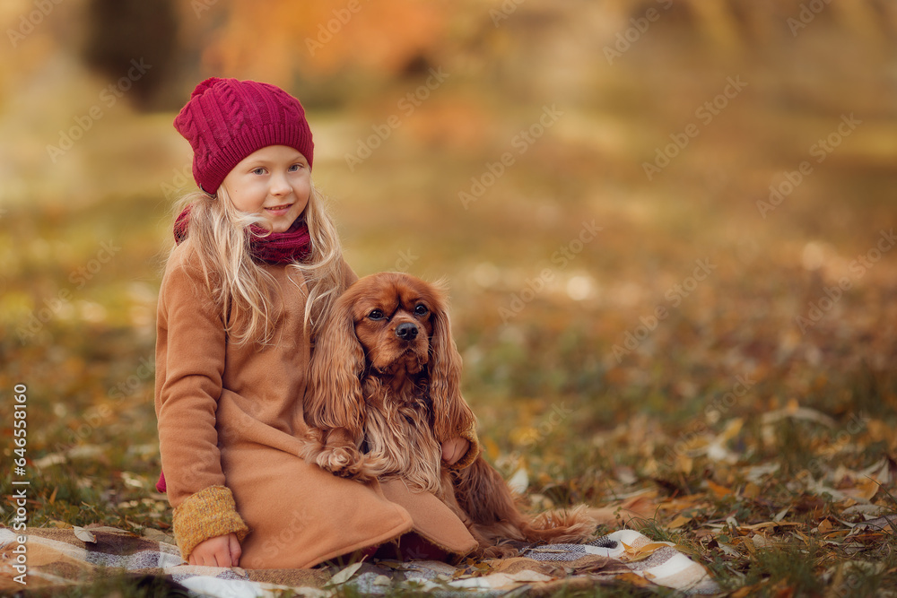 Girl in brown coat walking in the park in autumn with dog spaniel 