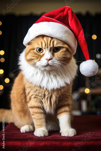 New Year cat animal concept, a pet during the Christmas winter holidays. The holidays are coming, a grumpy kitty dressed as Santa brings gifts to good children.