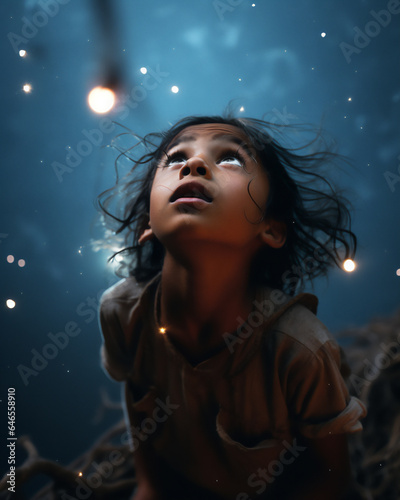 Child in Awe Gazing at Magical Lights in Ethereal Night Sky - Symbolizes Amazement, Wonderment, Curiosity, Dreams, Hope & Innocence. Young Indian Boy or Girl. Generative AI