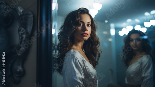 young beautiful girl with long hair in white dress in bathroom