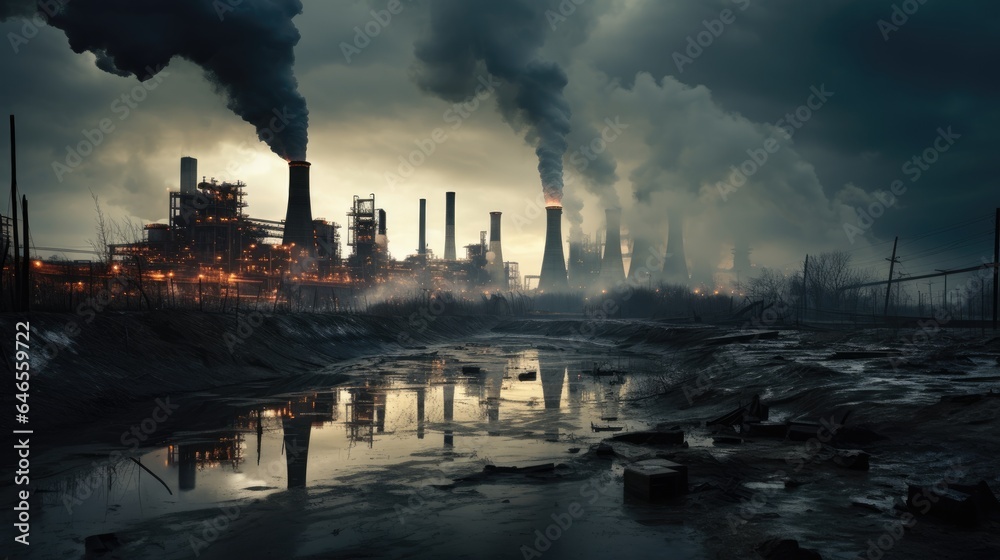 Polluting factory background with lots of black smoke chimneys, production emissions, nature pollution theme. Generative AI