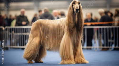 Pedigreed purebred Afghan hound dog at an exhibition of purebred dogs. Dog show. Animal exhibition. Competition for the most purebred dog. Winner, first place, main prize. Advertising, banner poster photo
