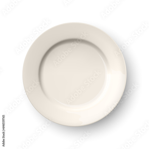 Vector 3d Realistic White or Beige Empty Porcelain, Ceramic Plate Icon Closeup Isolated. Design Template for Mockup. Stock Vector Illustration. Top View
