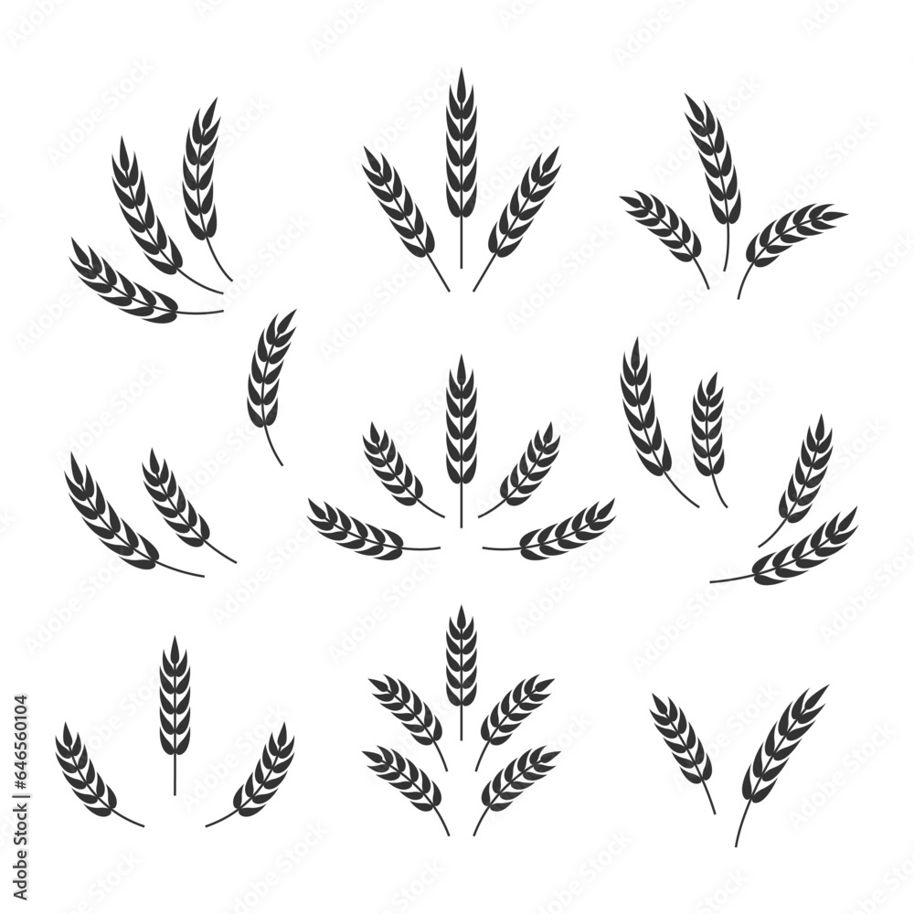 Flat Vector Agriculture Wheat Icon Set Isolated, Organic Wheat, Rice Ears. Design Template for Bread, Beer Logo, Packaging, Labels Flat Vector Agriculture Wheat Icon Set Isolated, Organic Wheat, Rice Ears. Design Template for Bread, Beer Logo, Packaging, Labels