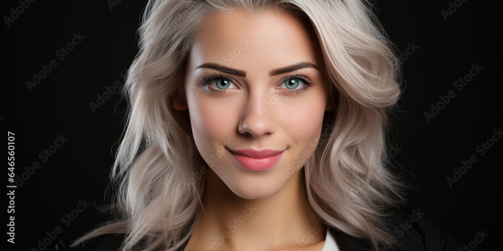 Hübsche Model Frau mit gefärbten und gelockten blonden Haar und schönen Makeup im Querformat für Banner Nahaufnahme, ai generativ Hübsche Model Frau mit gefärbten und gelockten blonden Haar und schönen Makeup im Querformat für Banner Nahaufnahme, ai generativ