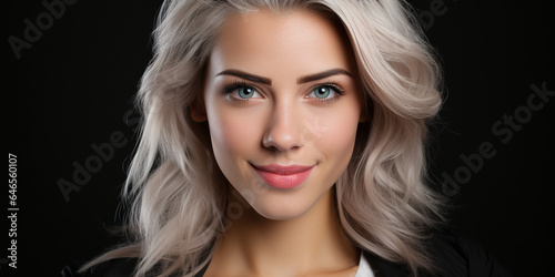 Hübsche Model Frau mit gefärbten und gelockten blonden Haar und schönen Makeup im Querformat für Banner Nahaufnahme, ai generativ