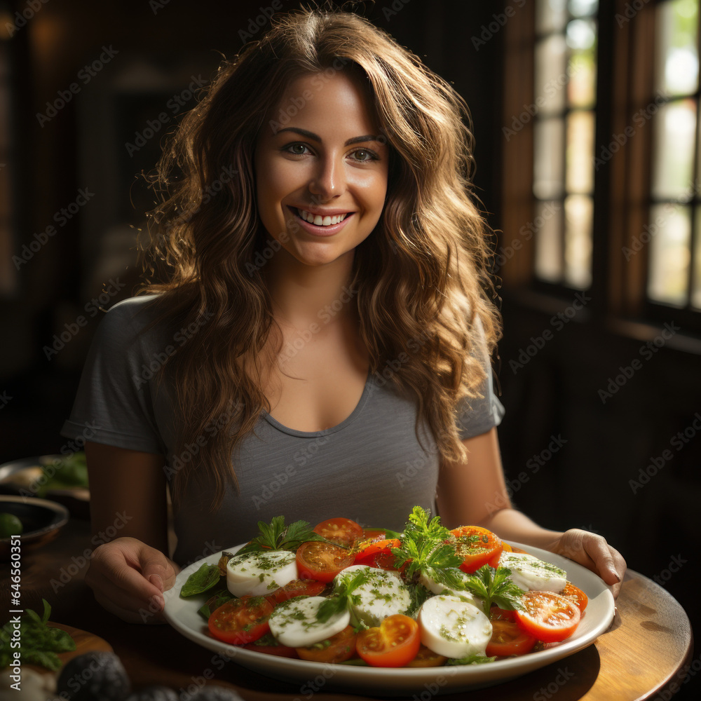 Young pretty smiling woman in t-shirt at table holds dish with Salad Caprese with tomato mozzarella and basil in cafe restaurant 