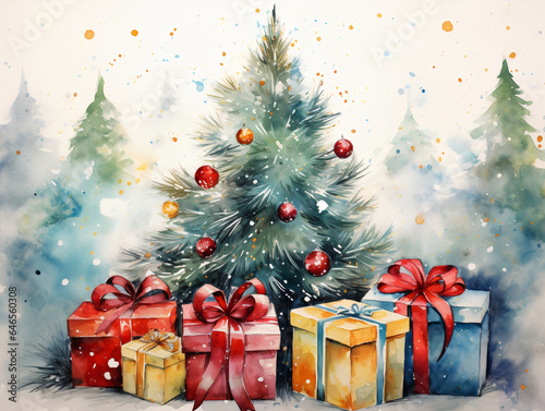 Christmas tree background with gift boxes in watercolor and acrylic style