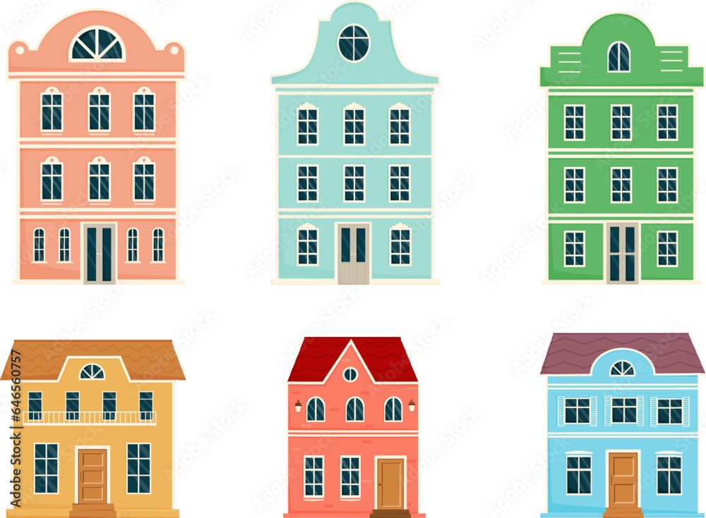Old european houses facade set. Dutch, Netherland style houses. Vector illustration isolated on white background