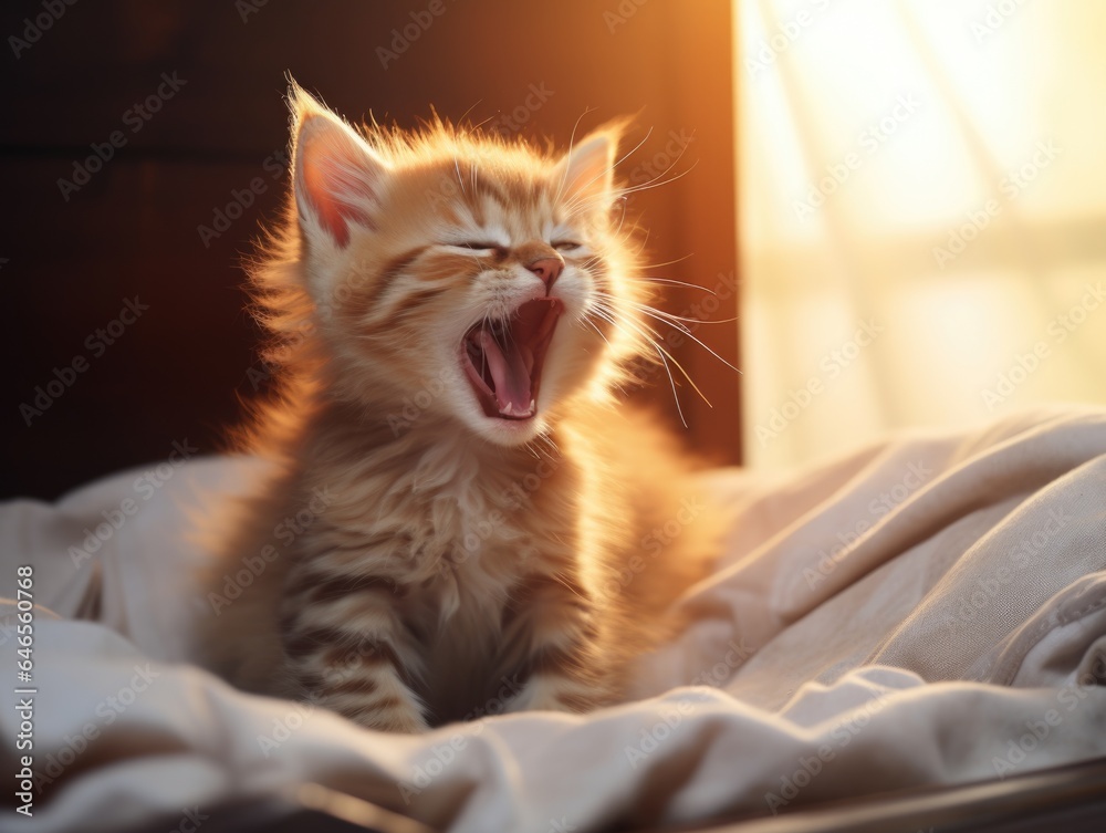 Angry fluffy ginger cat hisses at the owner. Orange kitten is yawning