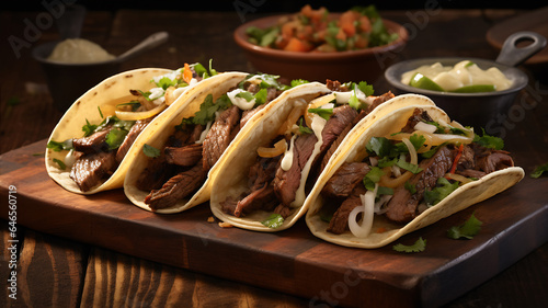 Traditional Mexican tacos with beef and vegetables on a wooden board. AI Generative