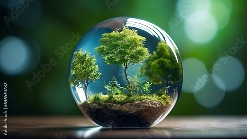 green moss in glass ball on the grass in the forest. environmental conservation.