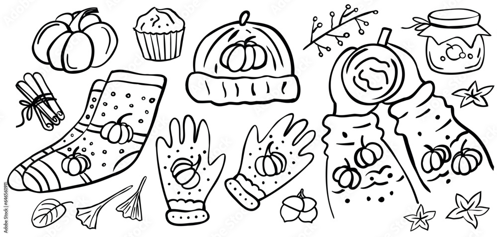 Set of autumn clothes - hat, socks, gloves, scarf isolated on white background. Vector illustration. Coloring book Set of autumn clothes - hat, socks, gloves, scarf isolated on white background. Vector illustration. Coloring book