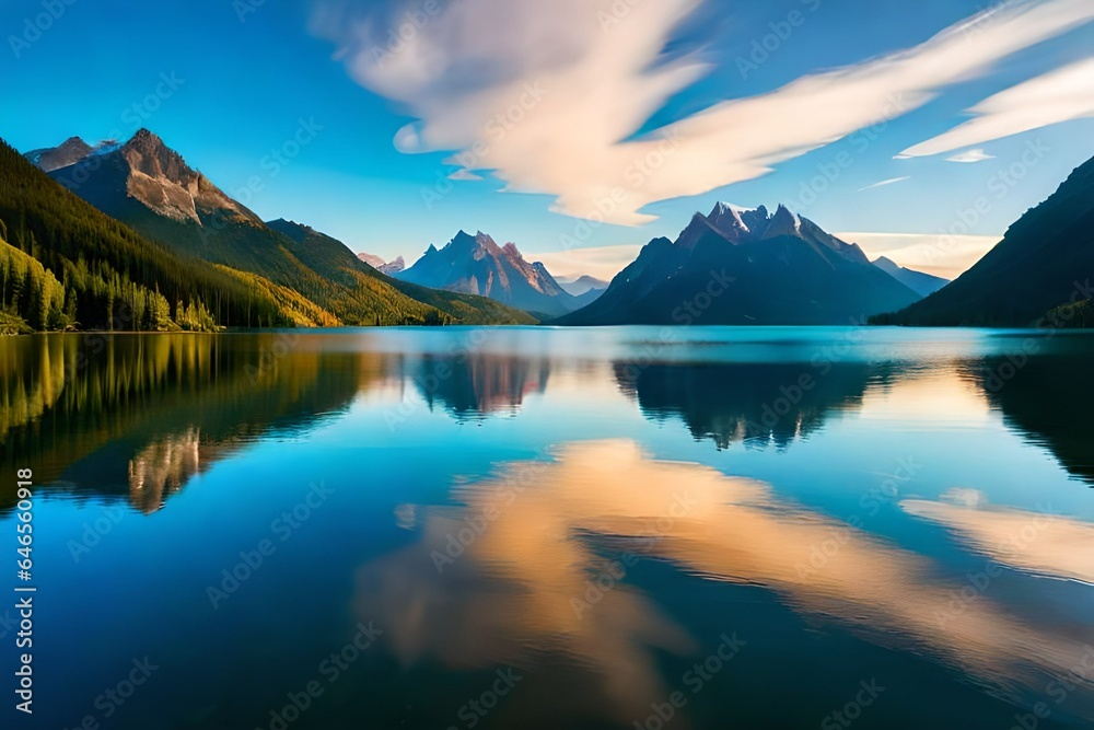 A serene lakeside scene, with crystal-clear waters reflecting a cloud-filled sky,
