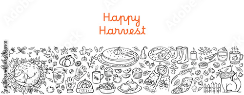 Happy Harvest banner - pumpkin, leaves, nuts, spices, cake, hot drink, raspberries, mushrooms, apples, pear, fox. Vector illustration. Perfect for autumn menu, coloring book, greeting card, print.