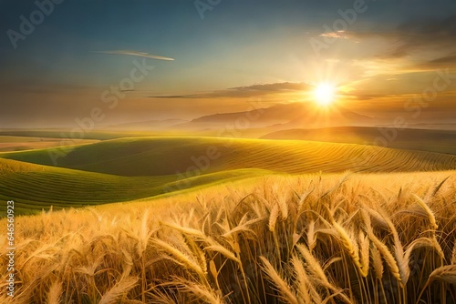 A field of golden wheat swaying in the breeze beneath a blue sky 