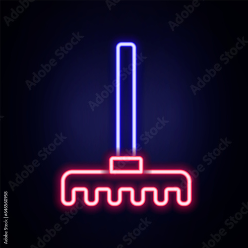 Glowing neon line Garden rake icon isolated on brick wall background. Tool for horticulture, agriculture, farming. Ground cultivator. Housekeeping equipment. Colorful outline concept. Vector