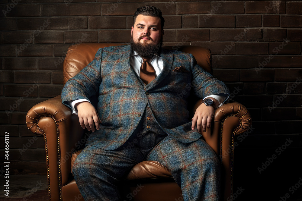 Fat chubby man with a beard in a three-piece suit sits in a armchair on the background of a brick wall, expensively dressed oligarch, tycoon, millionaire - obrazy, fototapety, plakaty 