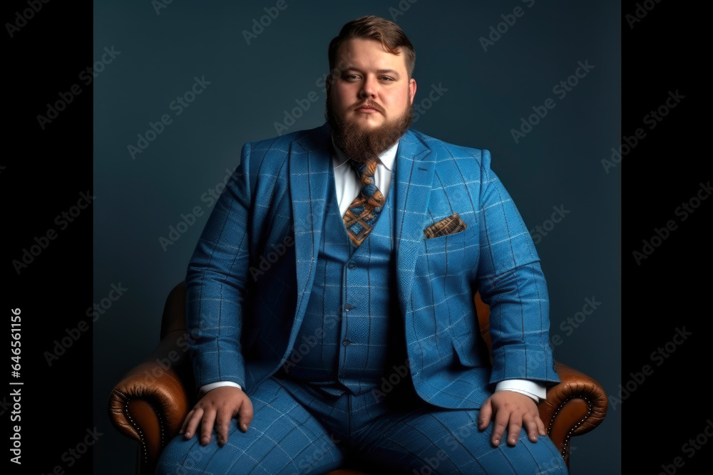 Fat chubby man with a beard in a blue three-piece suit sits in a ...