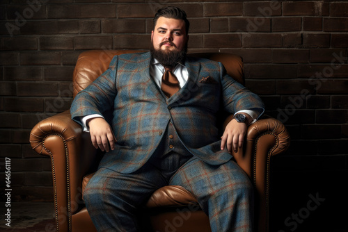 Fat chubby man with a beard in a three-piece suit sits in a armchair on the background of a brick wall, expensively dressed oligarch, tycoon, millionaire