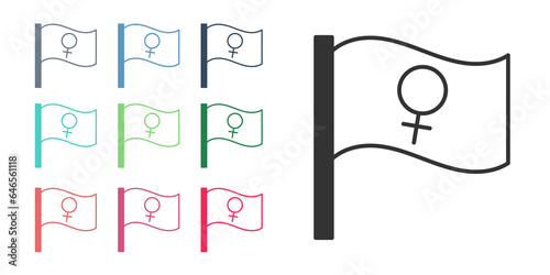 Black Female movement, feminist activist with banner and placards icon isolated on white background. Feminist rights movement, feminism sisterhood. Set icons colorful. Vector