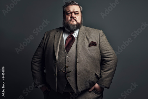 Fat chubby senior man with a beard in a three-piece suit on dark studio background, expensively dressed oligarch, tycoon, millionaire photo