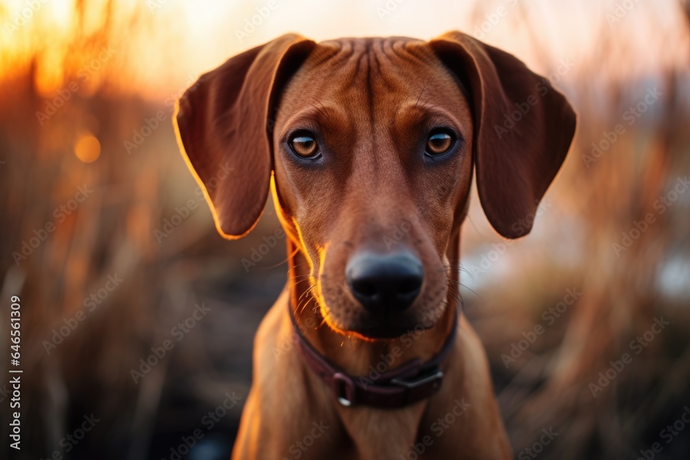 Closeup portrait of a purebred hunting dog breed outdoors in field in fall autumn season. Banner with haunting hungarian hound pointer vizsla dog
