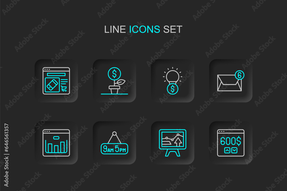 Set line Monitor with dollar, graph chart, From 9 5 job, Browser stocks market, Mail and e-mail, Light bulb, Dollar plant and Online shopping screen icon. Vector Set line Monitor with dollar, graph chart, From 9 5 job, Browser stocks market, Mail and e-mail, Light bulb, Dollar plant and Online shopping screen icon. Vector