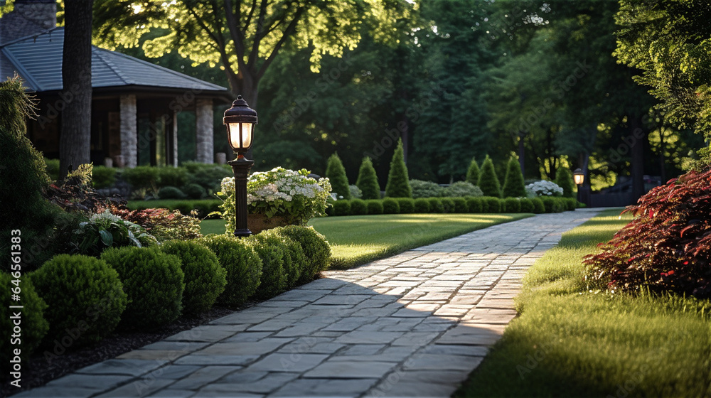 landscape design of a park with a stone path for walking among green ...