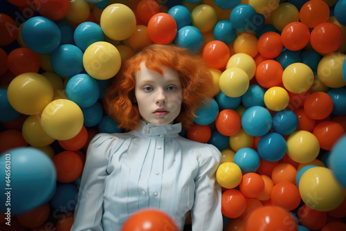 Red-haired young woman with freckles and a blank expression, lying amidst a pool of different colored small balls. © Sascha