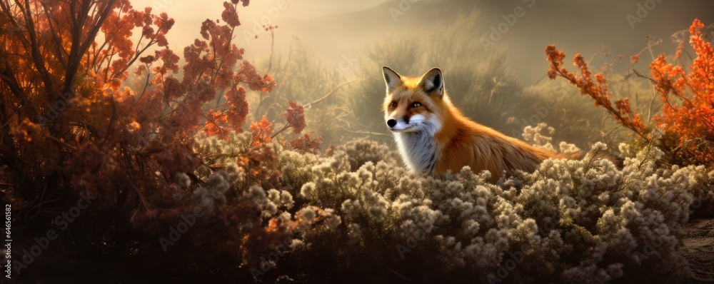 Banner with cute red fox sitting on autumn field. Beautiful vulpes vulpes animal in the nature habitat. Wildlife scene, wild nature. Wallpaper, beautiful fall background with copy space
