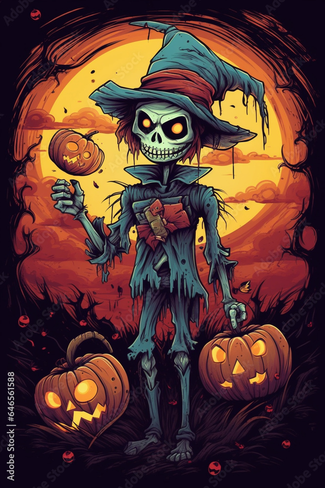 Halloween background with scarecrow and pumpkins Halloween background with scarecrow and pumpkins