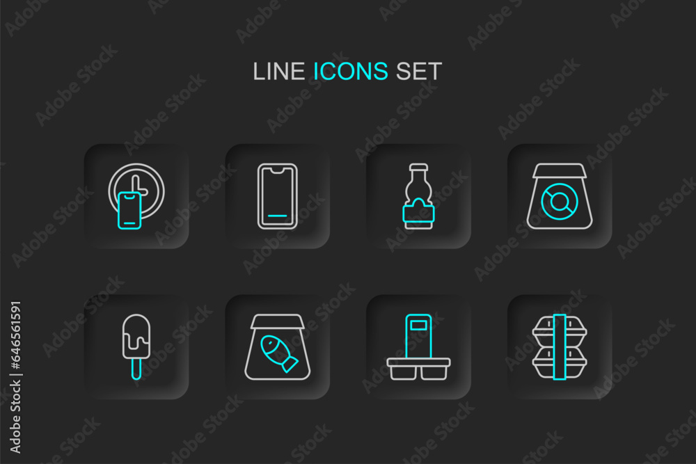 Set line Lunch box, Coffee cup to go, Online ordering fish, Ice cream, food, Sauce bottle, Food on mobile and Round the clock delivery icon. Vector Set line Lunch box, Coffee cup to go, Online ordering fish, Ice cream, food, Sauce bottle, Food on mobile and Round the clock delivery icon. Vector
