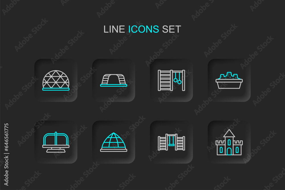 Set line Sand castle, Swedish wall, Playground climbing equipment, Attraction carousel, Sandbox with sand, Monkey bar and icon. Vector Set line Sand castle, Swedish wall, Playground climbing equipment, Attraction carousel, Sandbox with sand, Monkey bar and icon. Vector