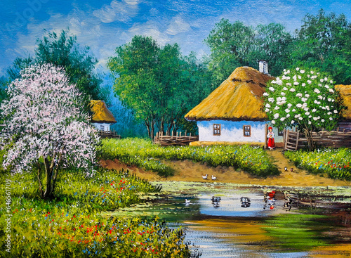 Oil paintings landscape. Old village, spring. Fine art, garden with flowers