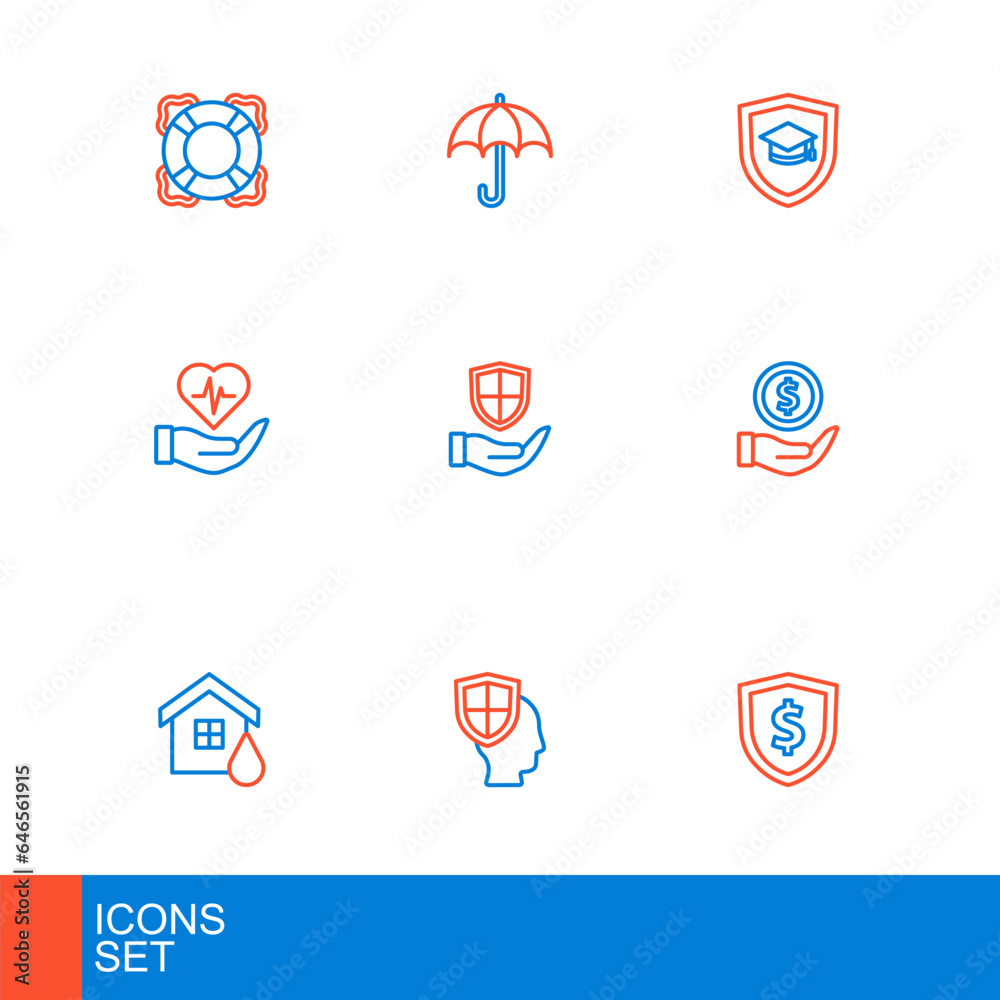 Set line Shield with dollar, Life insurance shield, House flood, Money, hand, Graduation cap and Umbrella icon. Vector