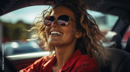 Young woman happily driving a car.