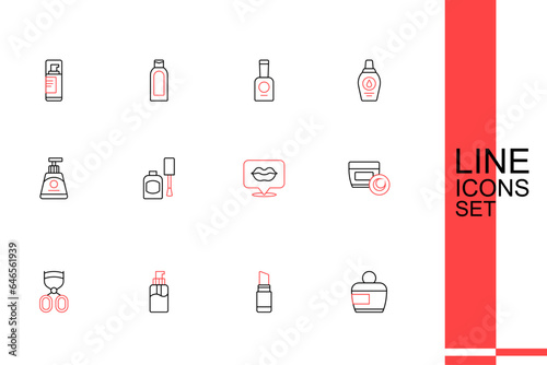 Set line Cream or lotion cosmetic tube, Lipstick, Bottle of liquid soap, Eyelash curler, Smiling lips, nail polish and icon. Vector